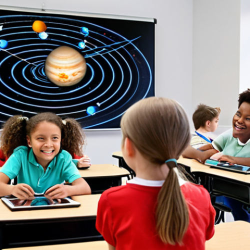 Home 19 AR in Education**
Prompt: A bright and modern classroom setting. Students are using tablets to interact with a holographic projection of the solar system, seemingly floating above their desks. The children are smiling and engaged. A teacher is observing, smiling, but not directly interfering, letting the students explore. Style: Educational, futuristic, positive.
**