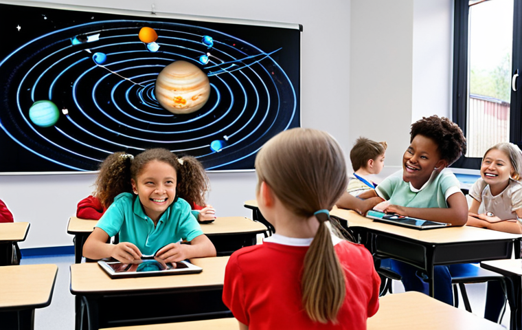 AR in Education**

Prompt: A bright and modern classroom setting. Students are using tablets to interact with a holographic projection of the solar system, seemingly floating above their desks. The children are smiling and engaged. A teacher is observing, smiling, but not directly interfering, letting the students explore. Style: Educational, futuristic, positive.

**