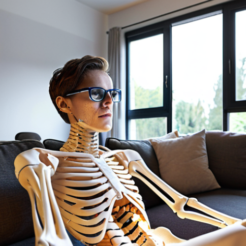 Home 18 **
A person wearing AR glasses in a modern living room, virtually interacting with a 3D model of the human skeleton overlaid on their body. The scene is well-lit and emphasizes the integration of technology into everyday wellness routines. Focus on a realistic, inviting aesthetic.
**