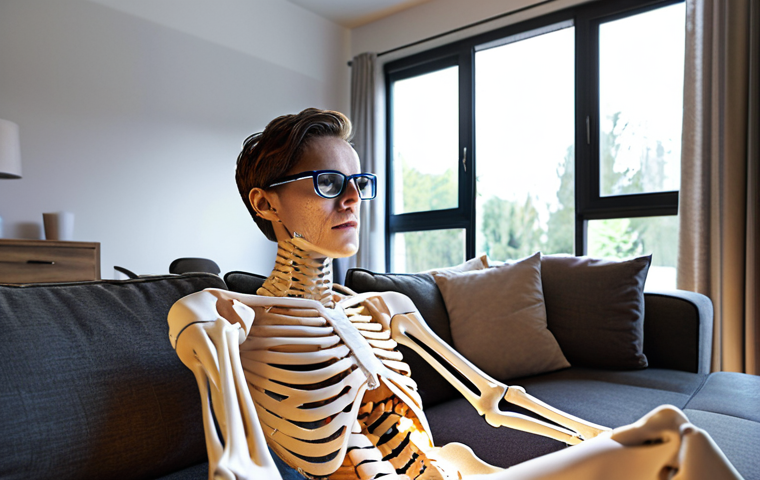 **

A person wearing AR glasses in a modern living room, virtually interacting with a 3D model of the human skeleton overlaid on their body. The scene is well-lit and emphasizes the integration of technology into everyday wellness routines. Focus on a realistic, inviting aesthetic.

**