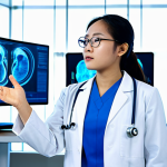 A focused, professional Vietnamese medical student, fully clothed in a modest, clean lab coat, wearing sleek AR glasses. She is standing in a well-lit, modern medical simulation lab, observing and interacting with a complex 3D holographic human anatomy model that floats in the air before her. Precise virtual guides and information are overlaid onto the real environment, enhancing her learning experience. Her pose is natural, with her well-formed hands gently gesturing towards the holographic display. The background features modern medical equipment and screens. This is a professional photography shot, with clear focus, realistic lighting, and vibrant colors, portraying an innovative and high-tech learning environment. safe for work, appropriate content, perfect anatomy, correct proportions, natural body proportions, professional dress, family-friendly.