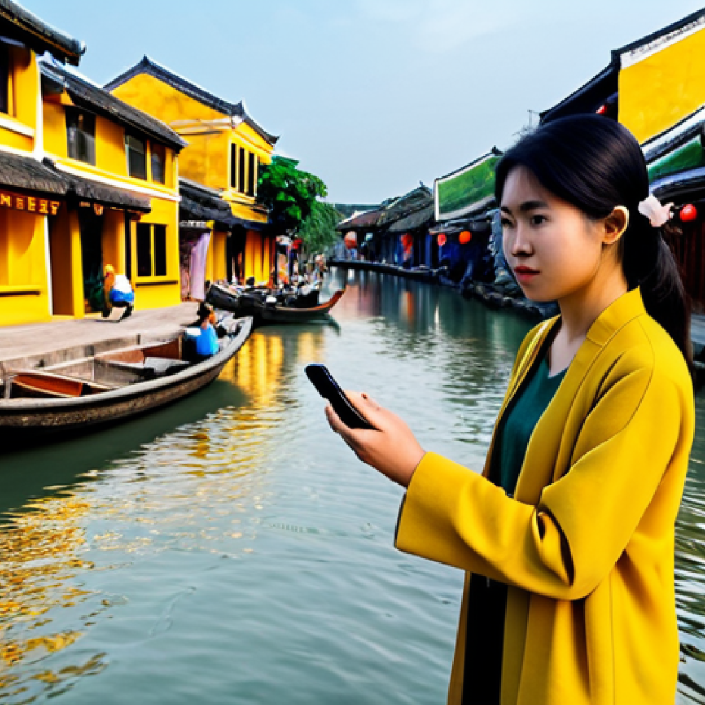 A young Vietnamese woman, fully clothed in a modest, contemporary casual outfit, stands engaged in the ancient town of Hoi An. She holds a smartphone, looking intently at its screen, where a vibrant augmented reality (AR) overlay shows bustling ancient Vietnamese merchants and traditional boats from centuries past. These holographic figures and structures are also subtly projected into the air around her, blending with the real-world backdrop of classic yellow walls and tiled roofs under a warm, soft sunlight. Professional photography, perfect anatomy, correct proportions, natural pose, well-formed hands, proper finger count, natural body proportions, high detail, realistic lighting, safe for work, appropriate content, fully clothed, family-friendly.
