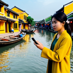 A young Vietnamese woman, fully clothed in a modest, contemporary casual outfit, stands engaged in the ancient town of Hoi An. She holds a smartphone, looking intently at its screen, where a vibrant augmented reality (AR) overlay shows bustling ancient Vietnamese merchants and traditional boats from centuries past. These holographic figures and structures are also subtly projected into the air around her, blending with the real-world backdrop of classic yellow walls and tiled roofs under a warm, soft sunlight. Professional photography, perfect anatomy, correct proportions, natural pose, well-formed hands, proper finger count, natural body proportions, high detail, realistic lighting, safe for work, appropriate content, fully clothed, family-friendly.