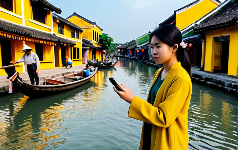 A young Vietnamese woman, fully clothed in a modest, contemporary casual outfit, stands engaged in the ancient town of Hoi An. She holds a smartphone, looking intently at its screen, where a vibrant augmented reality (AR) overlay shows bustling ancient Vietnamese merchants and traditional boats from centuries past. These holographic figures and structures are also subtly projected into the air around her, blending with the real-world backdrop of classic yellow walls and tiled roofs under a warm, soft sunlight. Professional photography, perfect anatomy, correct proportions, natural pose, well-formed hands, proper finger count, natural body proportions, high detail, realistic lighting, safe for work, appropriate content, fully clothed, family-friendly.