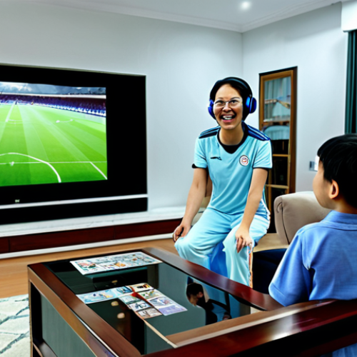 Home 27 AR Sports Fan at Home**
A Vietnamese family in their living room, watching a soccer game using AR glasses/headset. The AR display overlays the real world, showing a 3D soccer field on their coffee table. The father is enthusiastically gesturing, the mother is smiling, and the child is looking amazed. Interior of a typical Vietnamese home. Fully clothed, modest clothing, appropriate attire. Safe for work, professional, perfect anatomy, natural proportions, high quality.
**