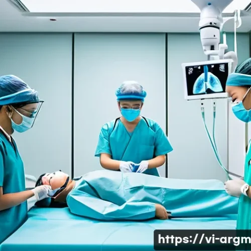 Home 24 증강현실을 활용한 의료 교육 사례 - A detailed medical training scene set in a modern Vietnamese hospital simulation room, showing a div...