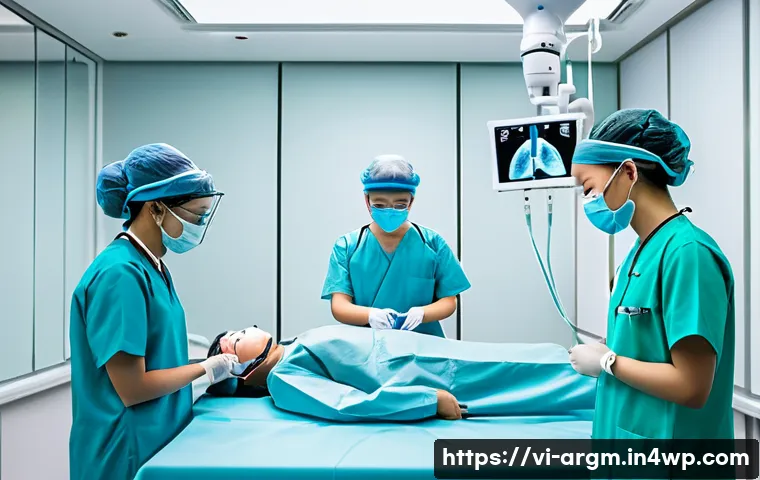 증강현실을 활용한 의료 교육 사례 - A detailed medical training scene set in a modern Vietnamese hospital simulation room, showing a div...