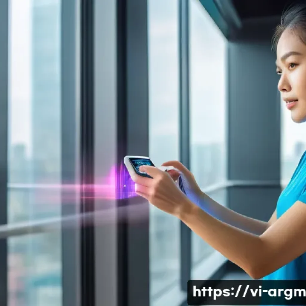 증강현실 기반 건강 관리 애플리케이션 - A Vietnamese young adult woman wearing sporty casual clothes and fitness tracker, interacting with a...