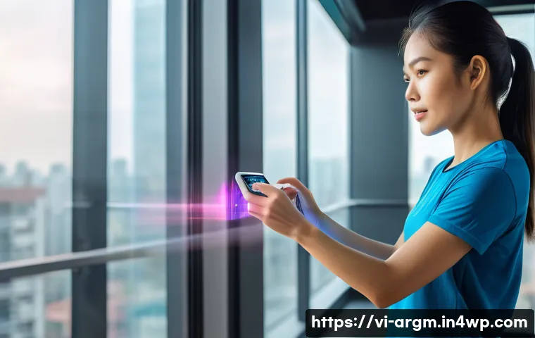 증강현실 기반 건강 관리 애플리케이션 - A Vietnamese young adult woman wearing sporty casual clothes and fitness tracker, interacting with a...