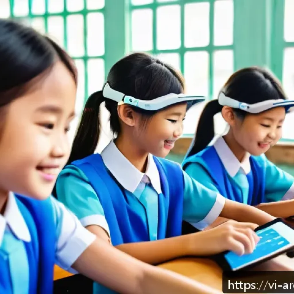 증강현실 기술의 글로벌 트렌드 - A vibrant classroom scene in Vietnam featuring students using augmented reality (AR) headsets and ta...