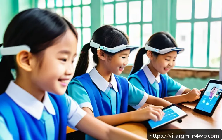 증강현실 기술의 글로벌 트렌드 - A vibrant classroom scene in Vietnam featuring students using augmented reality (AR) headsets and ta...