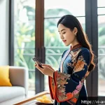 Home 22 증강현실을 활용한 글로벌 마케팅 전략 - A modern Vietnamese woman using augmented reality (AR) technology on her smartphone at home to virtu...