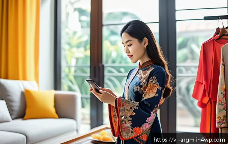 증강현실을 활용한 글로벌 마케팅 전략 - A modern Vietnamese woman using augmented reality (AR) technology on her smartphone at home to virtu...