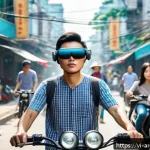 Home 21 증강현실 기술의 데이터 보안 문제 - A futuristic Vietnamese urban scene featuring diverse people wearing AR smart glasses and using tabl...