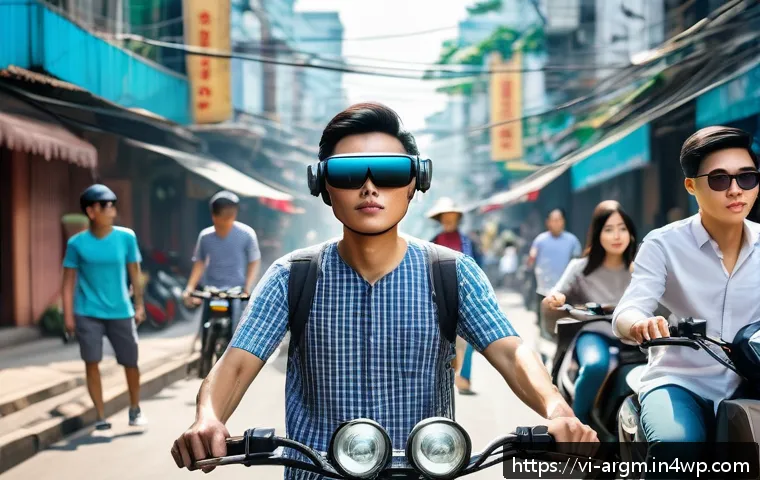 증강현실 기술의 데이터 보안 문제 - A futuristic Vietnamese urban scene featuring diverse people wearing AR smart glasses and using tabl...