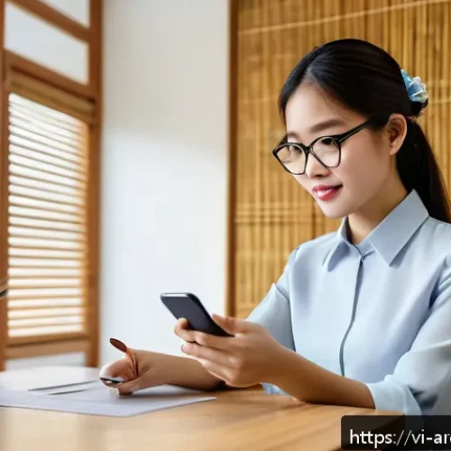 Home 31 증강현실을 통한 금융 서비스 혁신 - A modern Vietnamese office setting where a young professional woman uses a smartphone displaying an ...