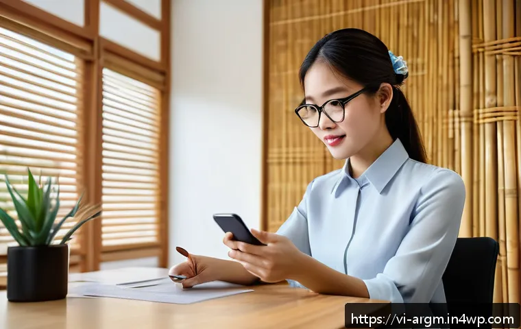 증강현실을 통한 금융 서비스 혁신 - A modern Vietnamese office setting where a young professional woman uses a smartphone displaying an ...