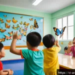 Home 18 증강현실을 활용한 유아 교육 사례 - A vibrant kindergarten classroom in Vietnam with young children wearing colorful clothes and minimal...