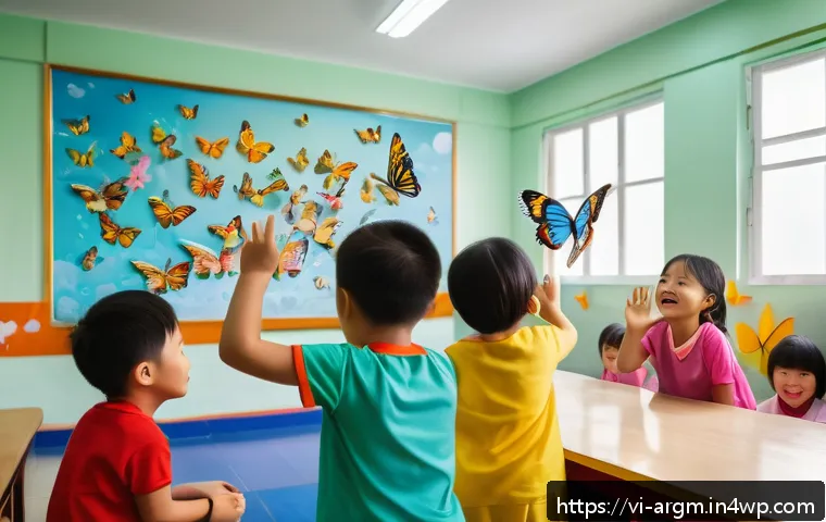증강현실을 활용한 유아 교육 사례 - A vibrant kindergarten classroom in Vietnam with young children wearing colorful clothes and minimal...