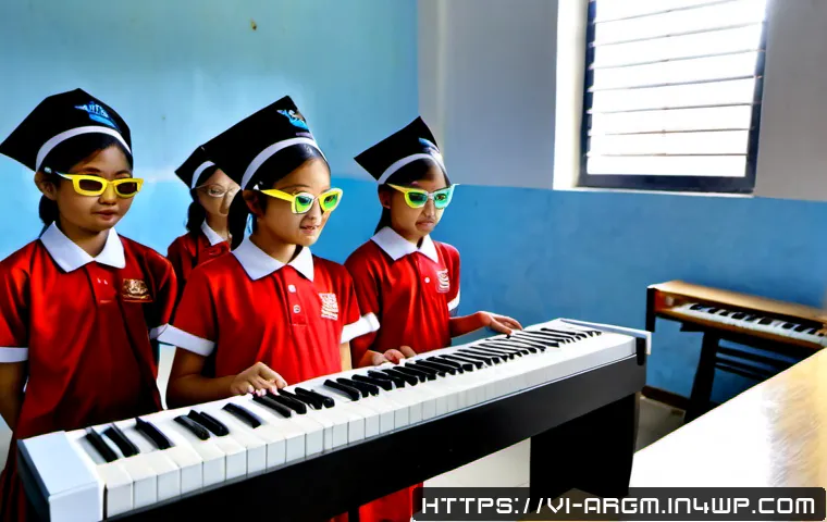 Home 17 증강현실을 활용한 음악 교육 사례 - Photorealistic Vietnamese middle school music classroom in Hanoi, a teacher guiding students wearing...