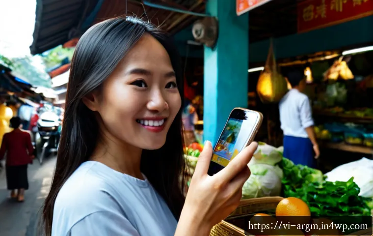 Home 17 증강현실을 통한 지역 경제 활성화 방안 - Photorealistic street-level scene in a lively Vietnamese old-quarter market, a local shopper using a...